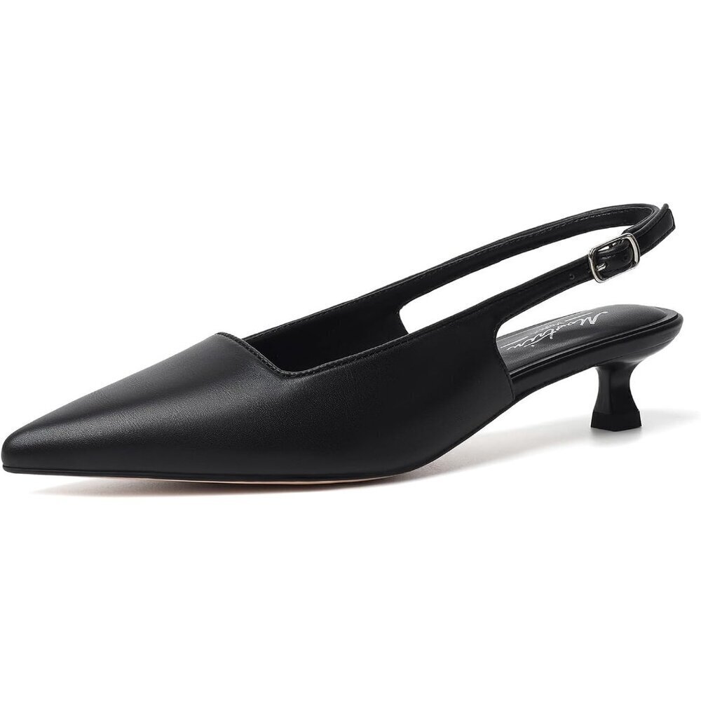 Women's Black Pointed Closed Toe Slingback Kitten Heels Pumps Party Shoes